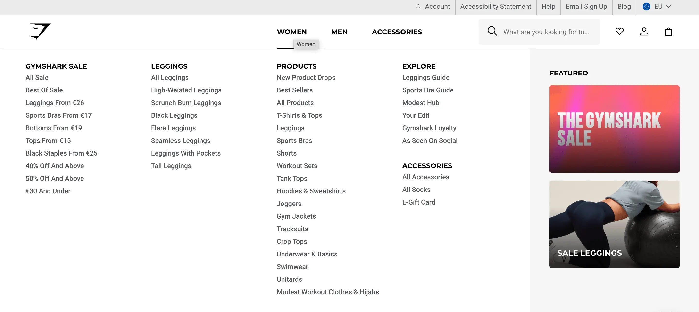 gymshark website menu